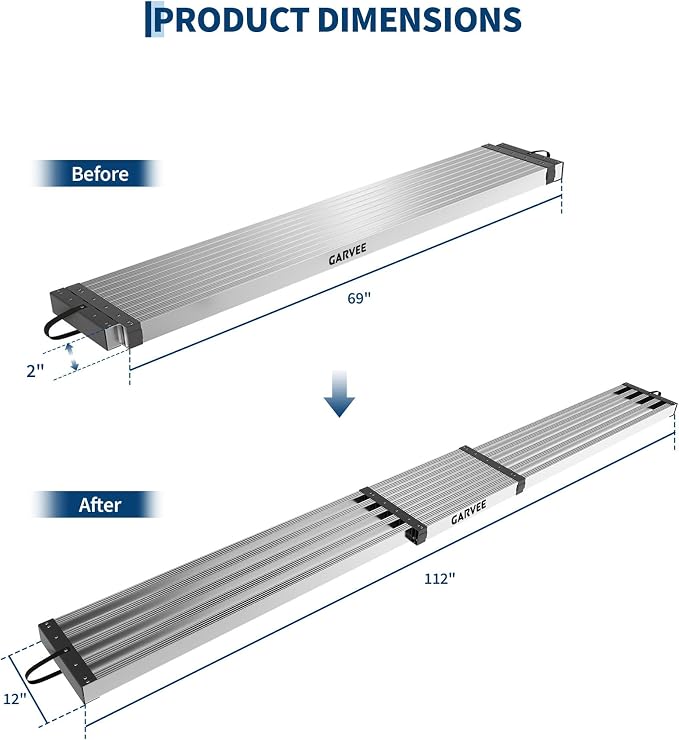 Garvee Aluminum Work Plank with Anti-Slip Texture, 6-9 ft Telescoping Plank, 440 Lb Capacity Heavy-Duty Scaffolding Platform, Portable Ladder Accessory for Indoor & Outdoor Work