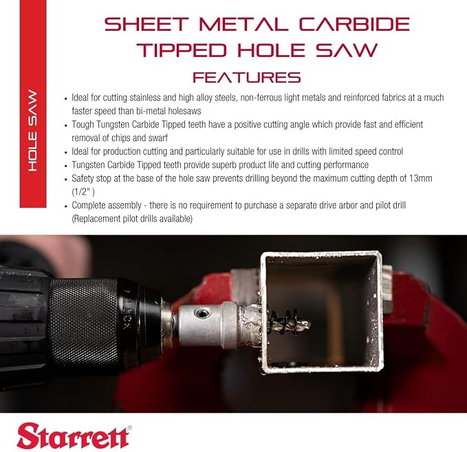 Starrett Tungsten Carbide Tipped Stainless Steel Sheet Metal Hole Saw - Ideal for Stainless, High Alloy Steel, Non-Ferrous Metals, Reinforced Fabrics - 15/16'' Diameter - SM24