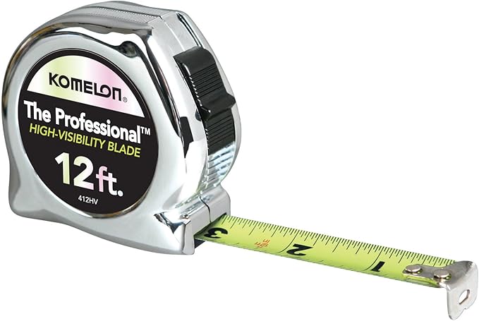 Komelon 412HV High-Visibility Professional Tape Measure, 12-Feet by 5/8-Inch, Chrome, Yellow, 12ft - Blade