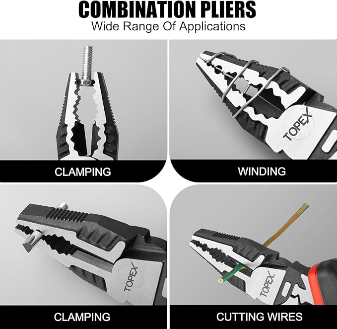 TOPEX 4 Piece Pliers Set with Ergonomic Non-Slip Handle (190 mm Diagonal Cutters, 200 mm Combination Pliers, 200 mm Long Nose Plier, 250 mm Water Pump Plier) for Demanding Tasks & Home Use
