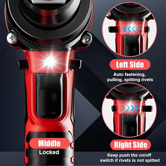 Cerycose Rivet Gun Compatible with Milwaukee 18V Battery, Cordless Rivet Tool with 3 Size (1/8", 5/32", 3/16") Aluminum Rivets, Brushless Motor Rivet Gun Kit Nose Piece, Led Light, Tool Only