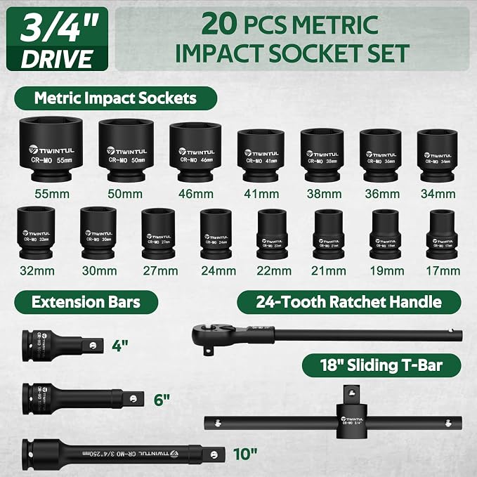 3/4 Inch Drive Impact Socket Set, 20 Pcs, Metric, 17mm-55mm, CR-MO | Heavy Duty, 6-Point, 24T Ratchet Wrench, 18" Sliding T-Bar & Extension Bars, Metal Storage Case for Truck, Tractor Repair