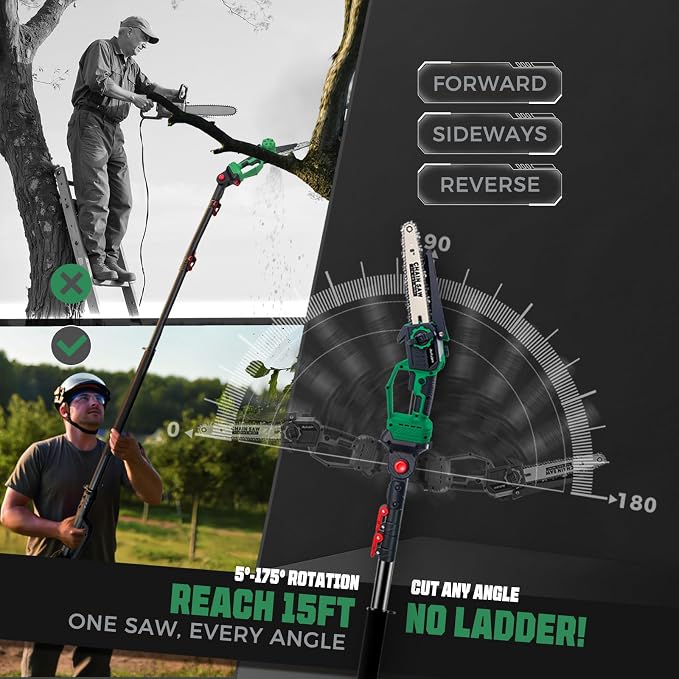 2-in-1 Electric Pole Saw for Tree Trimming,1200W Brushless Cordless Pole Saw & 8 Inch Mini Chainsaw with 2 x 4.0Ah 21V Batteries,16 FT Max Reach & Multi-Angle, Tree Trimmer for Branch Cutting.