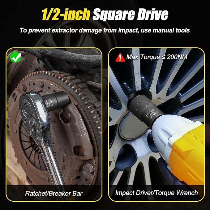 Topec 6PCS Wheel Lock Removal Kit, 1/2-Inch Drive Lug Nut Removal Tool, 17,19,21,22mm Stripped Lug Nut Remover, Extractor Socket Set for Broken, Damaged, Rounded Bolts