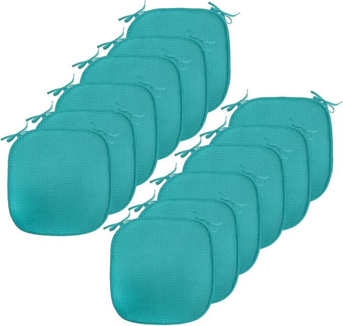Lunarable Abstract Chair Seating Cushion Set of 12, Classic Monochrome Design Meander Greek Motif Repetition Illustration, Anti-Slip Seat Padding for Kitchen & Patio, 16"x16", Teal and Dark Turquoise