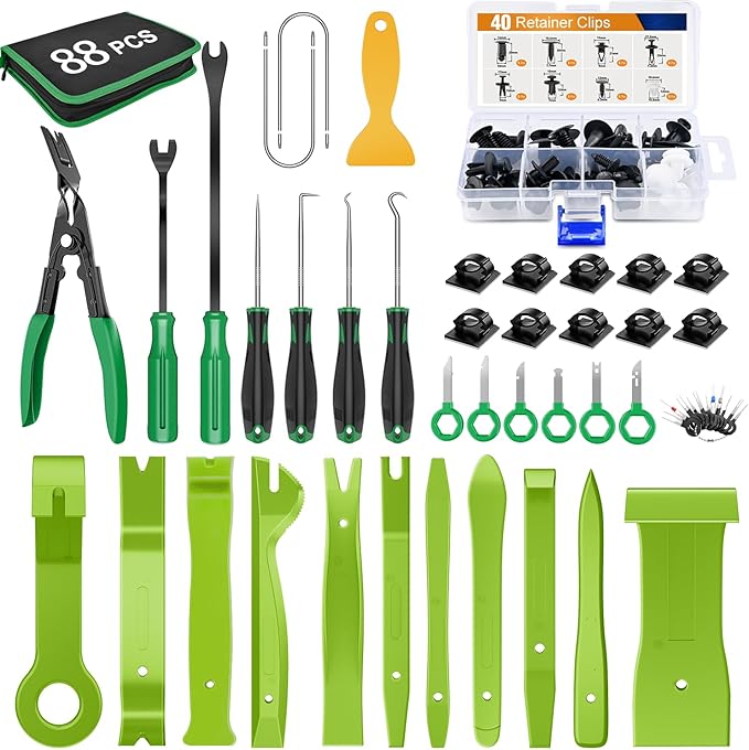 GOOACC 88Pcs Trim Removal Tool, Auto Push Pin Bumper Retainer Clip Set Fastener Terminal Remover Tool Adhesive Cable Clips Removal Kit Car Panel Radio Removal Auto Clip Pliers, Green