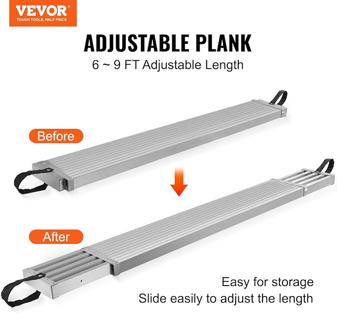 VEVOR Aluminum Telescoping Work Plank, 6-9FT, 500lbs Capacity, 12.5 inch Width, Scaffolding Plank with Skid-Proof Platform Scaffold Ladder Accessory