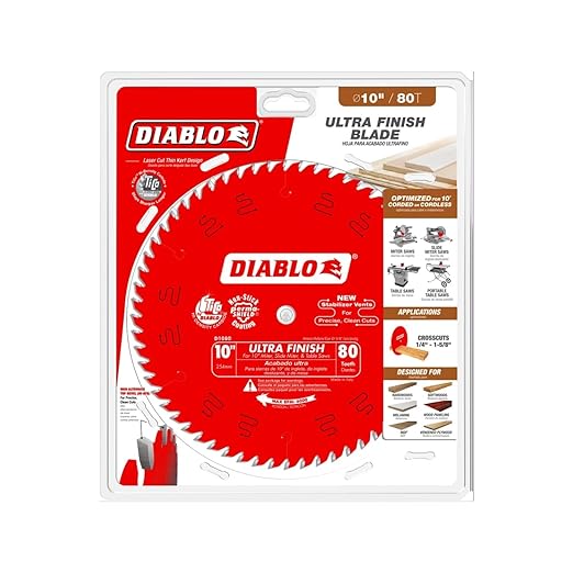 Diablo Ultra Finish Saw Blade for Wood - 10" Diameter, 80 Hi-ATB Teeth, 5/8" Arbor, .098" Kerf, 15-Degree Hook Angle, .071" Plate, 6000 Max RPM - D1080X