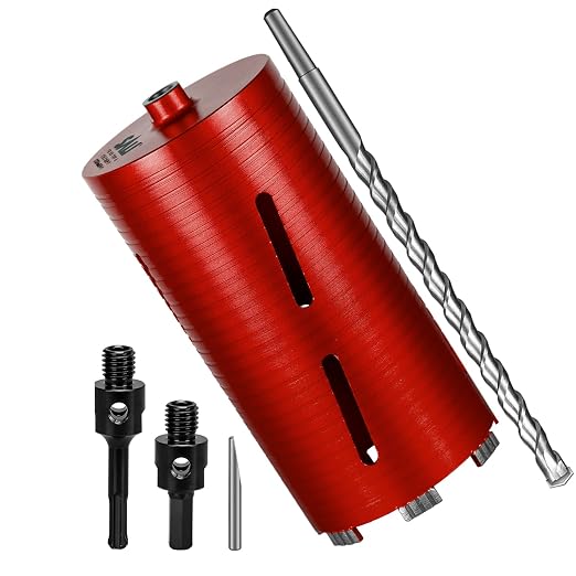 SALI Diamond Core Drill Bits 5" Diameter 10"/254mm Drilling Depth 5/8-11" Thread Core Bit Turbo Laser-Welded Segments for Cured Concrete with Brick Block Masonry with Two Adapters（Red）