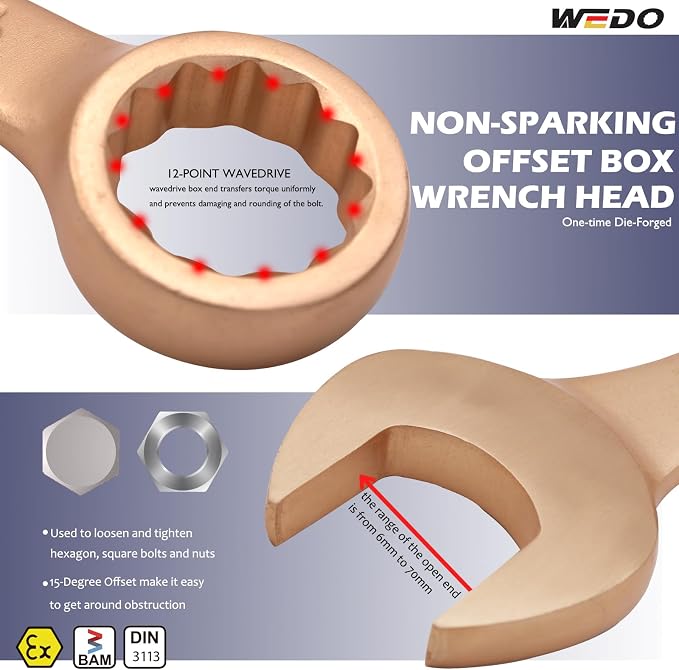 WEDO Non-Sparking Combination Wrench 34mm,Beryllium Copper,Non-magnetic | 12-Point Metric Spark-free Spanner,15-Degree Offset,Corrosion-resistance,DIN3113,BAM&FM Certificate,For Oil,Chemical,Mining