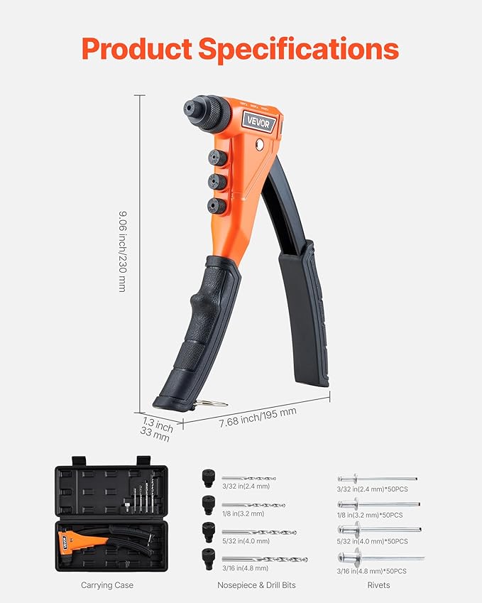 VEVOR Pop Rivet Gun Kit, with 200 Blind Rivets, Heavy Duty Single Hand Riveter with 4 Interchangeable Nosepieces, 4 Drill Bits, and a Carrying Case, Manual Riveting Tool for Metal, Automotive, Home