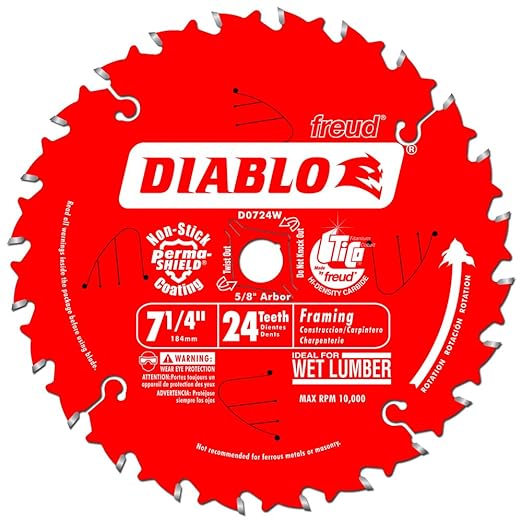 Diablo Framing Saw Blade with Perma-SHIELD for Long Life & Fast Cuts on Woods - 24 Teeth, 7-1/4" Diameter, 5/8" Arbor, .059" Kerf - D0724W