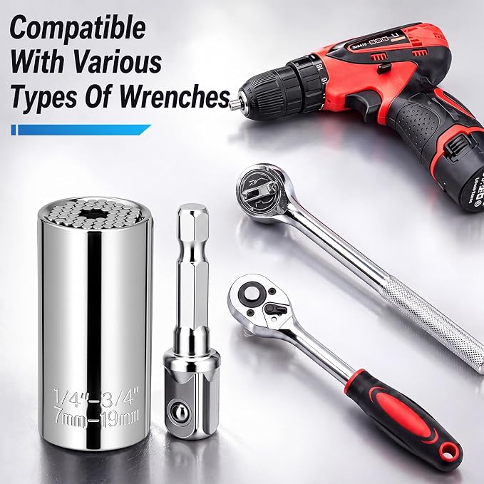 12 Pack Universal Socket, 7-19mm Adjustable Wrench with Power Drill Adapter, Self Adjusting Socket Fits Standard Metric Nuts Bolts Hooks Eye Screws for Auto Repair (Silver)
