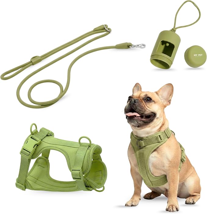 No Pull Dog Harness and Leash Set 3-in-1 Adjustable Anti Pull Dog Harness with Hands-Free Matching Leash,Poop Bag Holder,Easy Walk Dog Harness Extra Small Sized Dog(Olive Green)