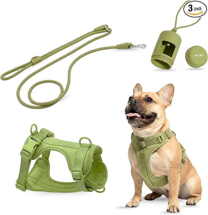 No Pull Dog Harness and Leash Set 3-in-1 Adjustable Anti Pull Dog Harness with Hands-Free Matching Leash,Poop Bag Holder,Easy Walk Dog Harness Medium Sized Dog(Olive Green)