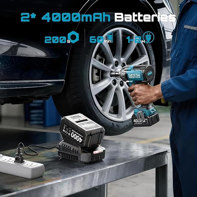 Seesii Upgraded Cordless Impact Wrench 885Ft-lbs (1200N·m): 1/2" Impact Gun with Detachable Side Handle, 21V High Torque Power Impact Driver 2x 4.0Ah Batteries for Family Car/Pickup Truck/Mower