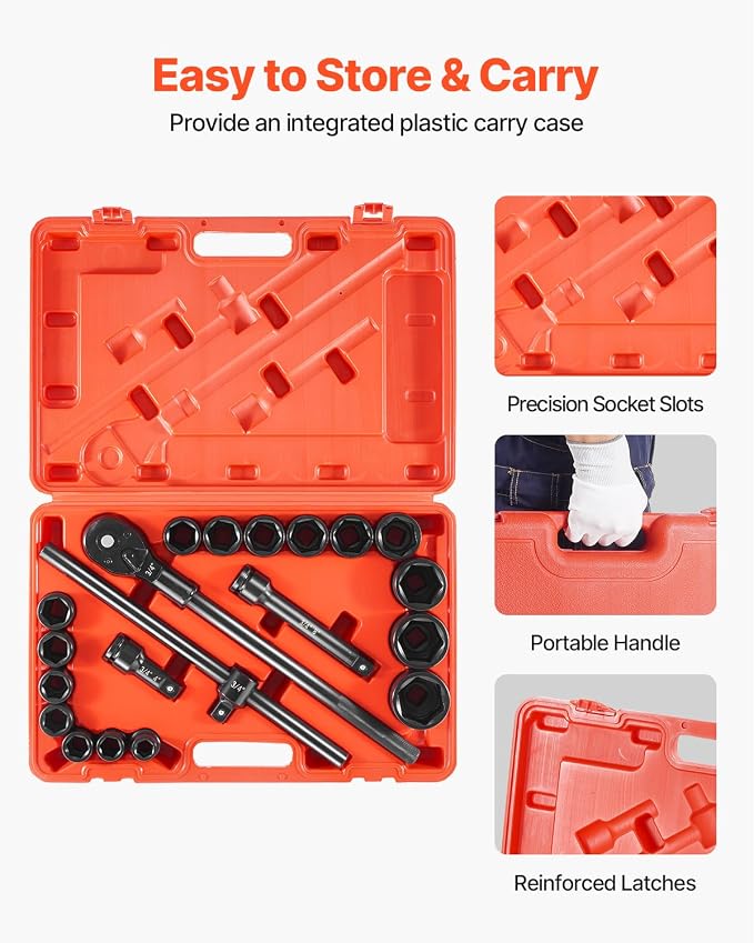 VEVOR 3/4 in Drive Impact Socket Set, 21 Pieces SAE 3/4 in to 2 in, 6 Point Cr-V Alloy Steel for Auto Repair, Easy-to-Read Size Markings, Includes Extension Bars, Ratchet Handle and Storage Case
