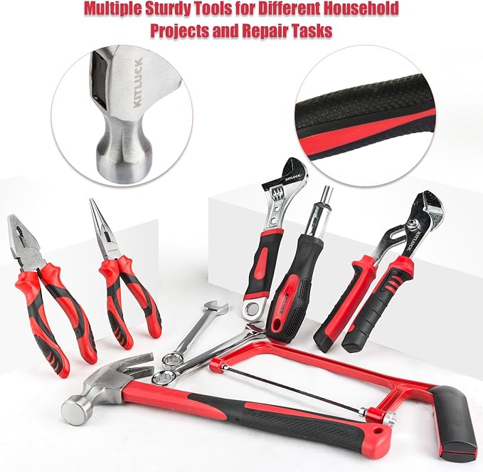 KITLUCK 228-piece Home Tool Kit, Household Hand Repair Tool Set for men, Portable Tool box Set with Tools (Screwdriver, Wrench, Plier, Socket, Harmer, Hex Key, Rule, Saw, Knife, etc.) for Home and Car