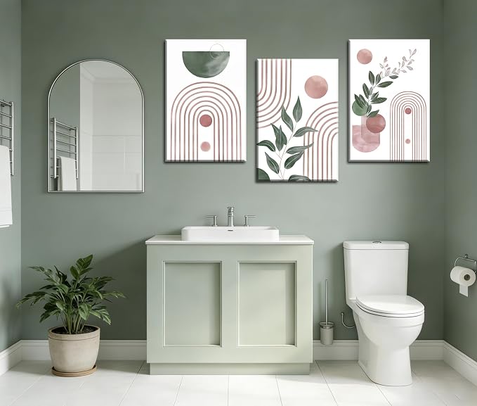 Frimeeme Framed Large Boho Pink and Green Canvas Print Set of 3 ，Abstract Leaves Geometry, Ready to Hang, 16x24 Inches