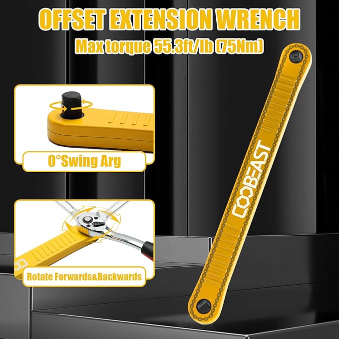 coobeast Offset Extension Wrench Impact Ready Socket Wrench Extender Tool with Versatile 1/4", 3/8", and 1/2" Square Drive Adapters, Universal Extensions Wrench for Small Place, Yellow