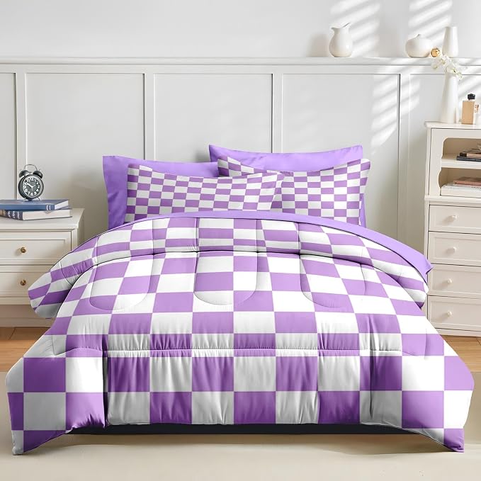 Nesker Comforter Set Twin Size, Purple Plaid Gingham 5 Pcs Bedding for Kids and Adults, Checkerboard Grid Bed Sheet Sets with Fitted Sheet Pillowcase & Sham