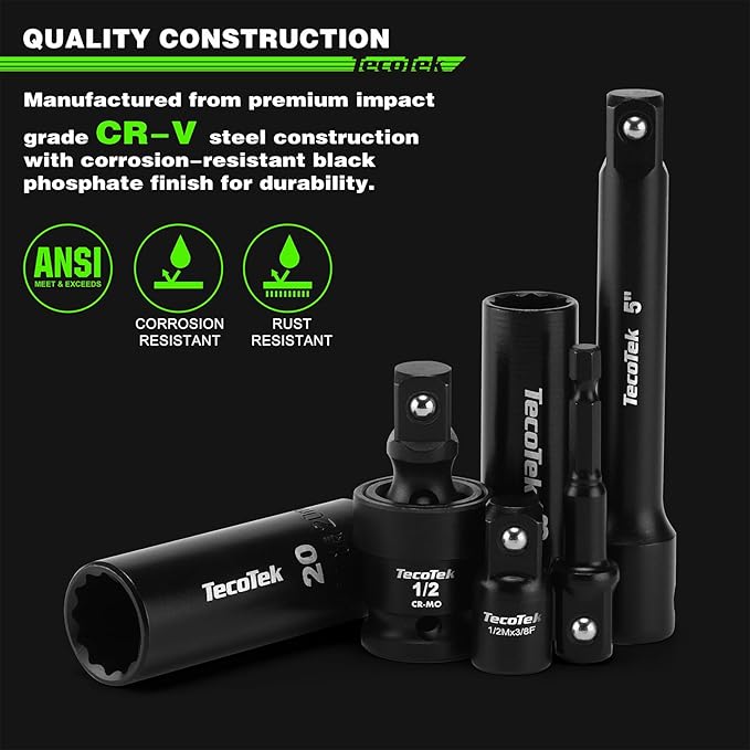 TecoTek 1/2" Drive Deep 12-Point Impact Socket Set, 32-Piece Socket Set, SAE 3/8-1-Inch and Metric 10-24mm Size, Includes Extension Bars, Universal Joint and Adapter, CR-V Steel