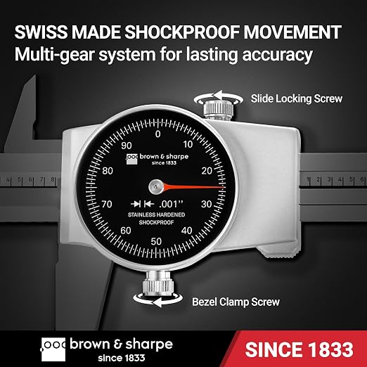 Brown & Sharpe Dial Caliper Measuring Tool 0-6", Swiss Core Movement 0.001" Accuracy, Shock-Proof Dial Vernier Caliper with Locking Screw, 4-Way Measurement, Hardened Stainless Steel, Smooth Operation