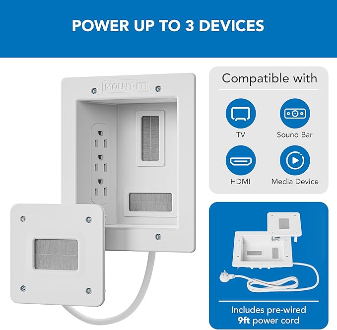 Mount-It! Kit ocultacables de TV para pared con alimentación empotrada – Triple toma de corriente, cable de 2,7 m y sierra de mano – Gestión de cables fácil y segura para configuraciones de TV y cine en casa organizadas