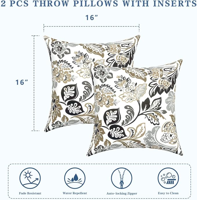 LVTXIII Outdoor Throw Pillows, Decorative Throw Pillows with Inserts, 16"x16" Square Pillows for Bed, Couch, Sofa and Patio Furniture, Set of 2, Dailey Tan