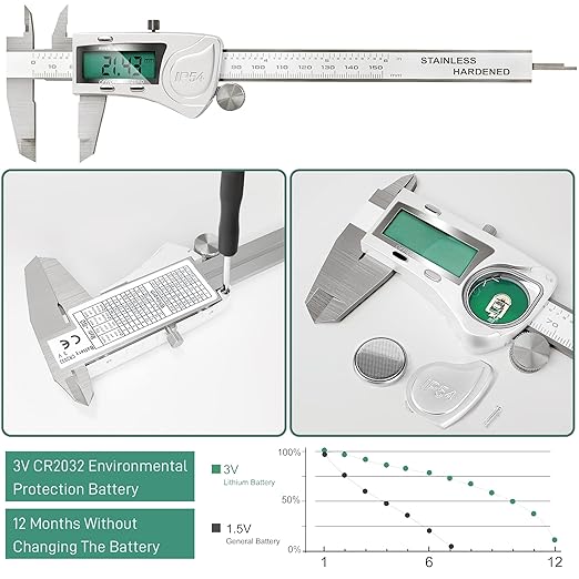 Digital Caliper Measuring Tool, IP54 Waterproof Electronic Micrometer Caliper, Stainlee Steel Vernier Caliper Measuring Tool with Large LCD Screen, Inch Metric Conversion, 6 Inch for Household/DIY