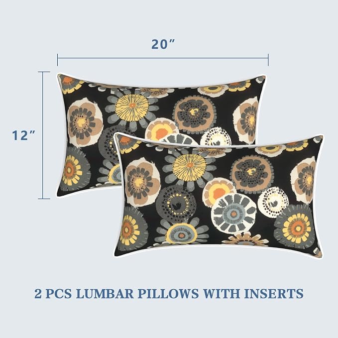 LVTXIII Set of 2 Outdoor Lumbar Pillows for Patio Furniture with White Piping, 12"x20" Fade Resistant Patio Lumbar Pillows with Inserts for Home Coach Sofa Use, Black Yellow Crosby