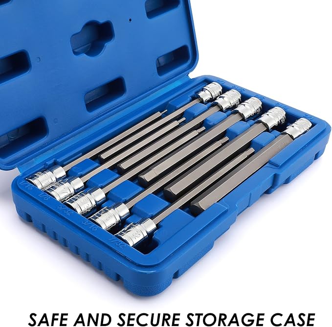 MIXPOWER 3/8 Inch Drive Long Hex Bit Socket Set, 1/16 Inch to 1/2 Inch, SAE, Extra Long Allen Hex Bit Socket Set, CR-V and S2 Steel, 10 Pieces