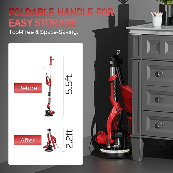 Drywall Sander, 2026 Upgraded 8-Amp Popcorn Ceiling Removal Tool with 7 Variable Speed 800-1800RPM, Drywall Sander with Vacuum Dust Collector with LED Light, Extendable Handle,12pcs Sanding Discs