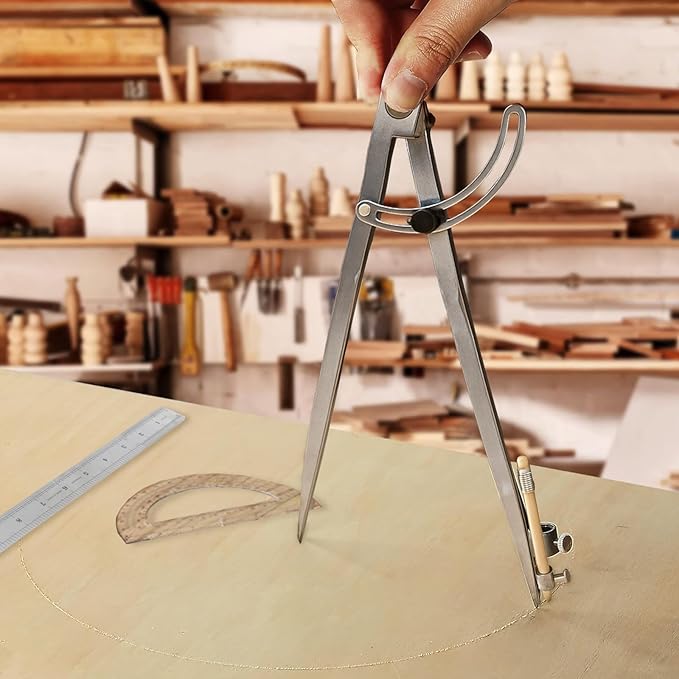 Compass Geometry Tool, Drawing Compass, Professional 12 Inch Large Compass with Wing for Woodworking, 6 Inch Protractor, 12 Inch Ruler, 2 Pencil for Carpenter, Drafting