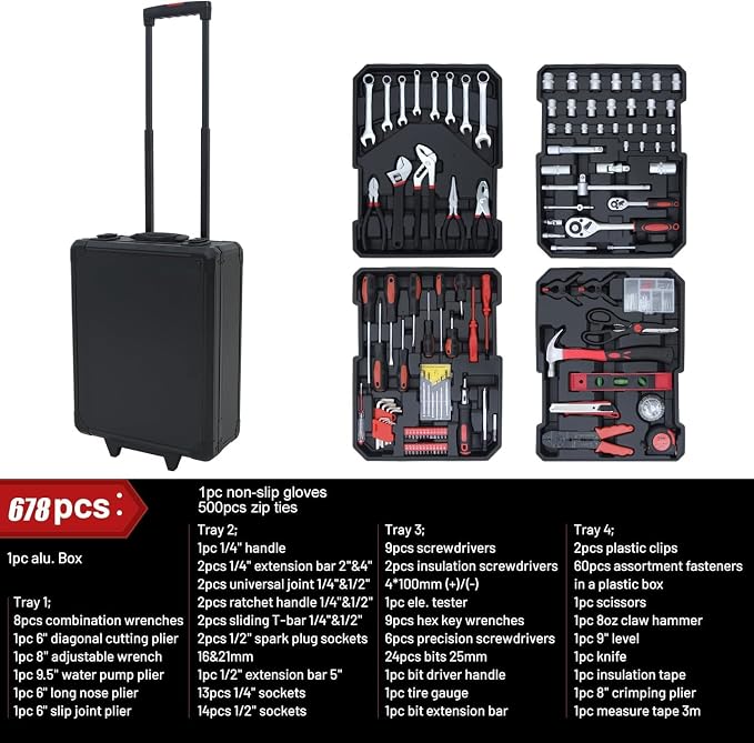 Hantinstom 678PCS Professional Rolling Tool Set - Heavy-Duty Portable Tool Chest with Wheels for Complete Home Repair & Maintenance