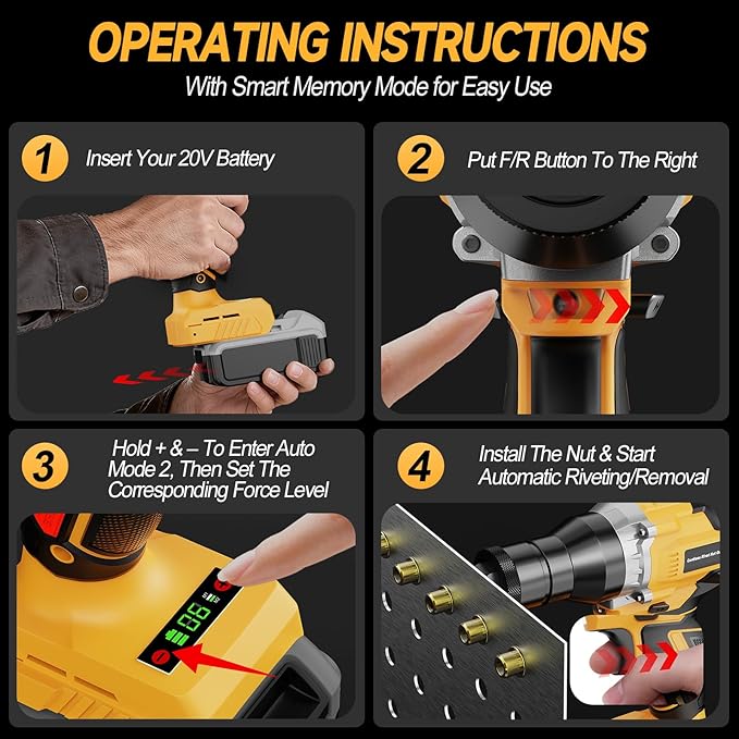 Cordless Rivet Nut Gun for Dewalt 20V Max Battery, Electric Rivet Nut Tool with 1/4", 5/16", 3/8" Nut Head, Portable Battery Powered Rivetnut Tool, Auto Mode & Memory Mode, Tool Only