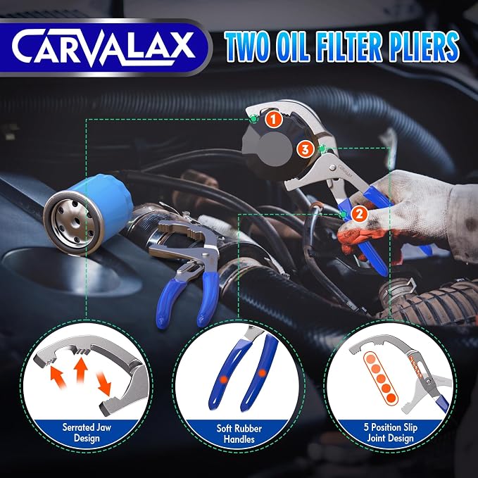 CARVALAX 8PCS Oil Filter Wrench Set – Stainless Steel Swivel Wrenches (1-3/4”to 5-1/4”), 9” & 12” Adjustable Pliers, Universal 3-Jaw Remover with Adapter, Organized in Storage Case for Auto Repair