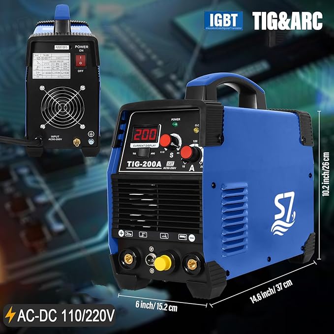 S7 TIG Welder 200 Amp, HF Start TIG/ARC Stick Welder, 110V/220V Dual Voltage DC Inverter Welding Machine with Pulse TIG, LED Display, Portable Welder for Stainless Steel, Mild Steel, DIY & Repair