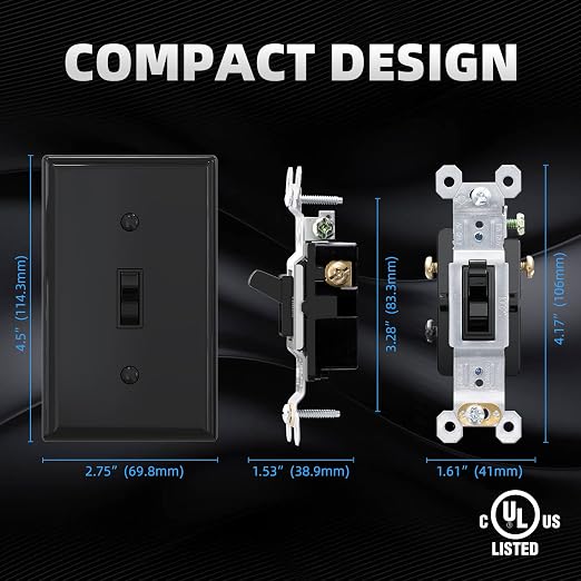 ELEGRP 3 Way Toggle Light Switch with Plate, 15 Amp, 120 V, Toggle Framed AC Quiet Switch, in Wall On/Off Switch, Self-Grounding, Residential and Commercial Grade, UL Listed (10 Pack, Glossy Black)