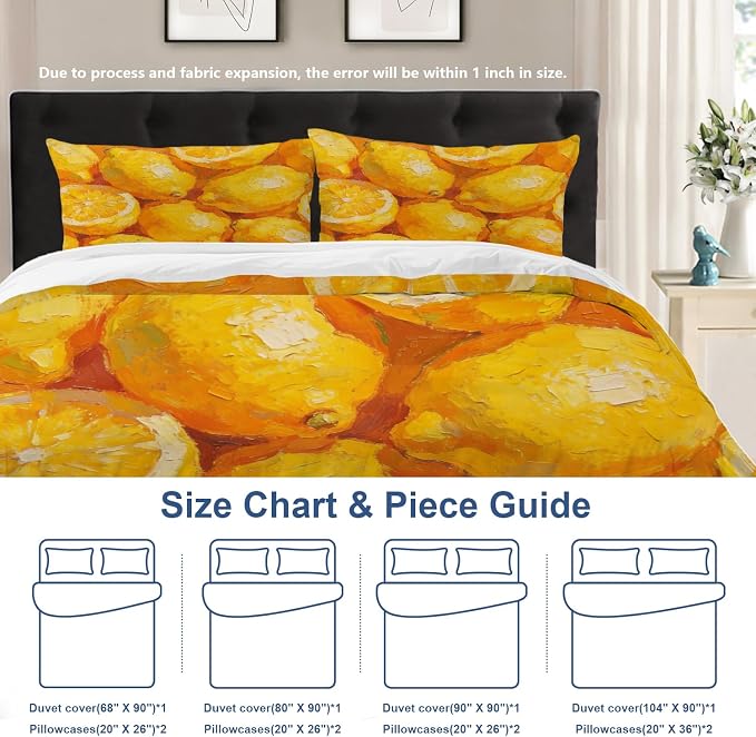 Batmerry Lemons Citrus Fruit Full Size 100% Cotton Duvet Cover Sets, Vibrant Lemon Oil Painting Bedding Set with Zipper Closure Corner Ties, 3 Pieces (1 Cover + 2 Pillowcases No Comforter)