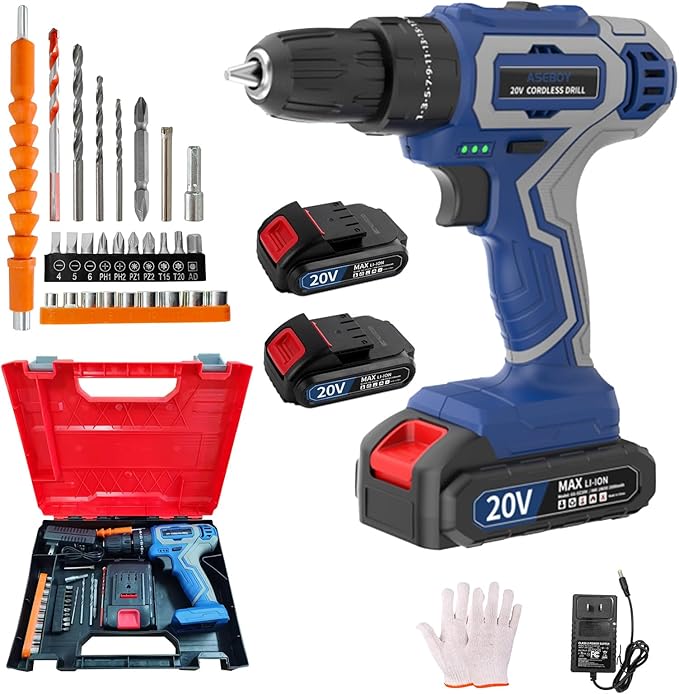 Cordless Drill with Battery and Charger, 20V Cordless Hammer Drill Kit, 28Nm Torque, 3/8" Keyless Chuck, 2-Speed for Home Repair and DIY Projects(2 batteries)