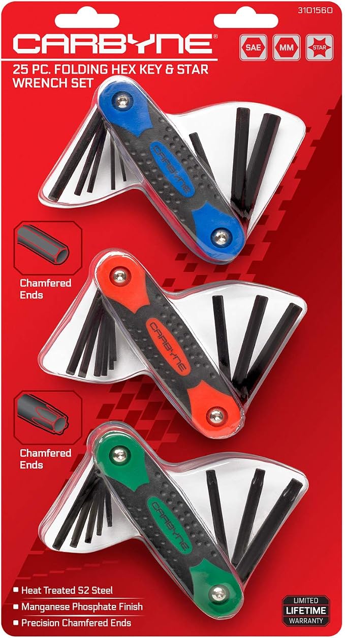 Carbyne 25-Piece Folding Hex (Allen) Key and Torx Wrench Set, SAE/Metric/Torx, S2 Steel, Manganese Phosphate Finish, Metric Hex 1.5-8mm, SAE Hex 5/64"-1/4", Torx T9-T40