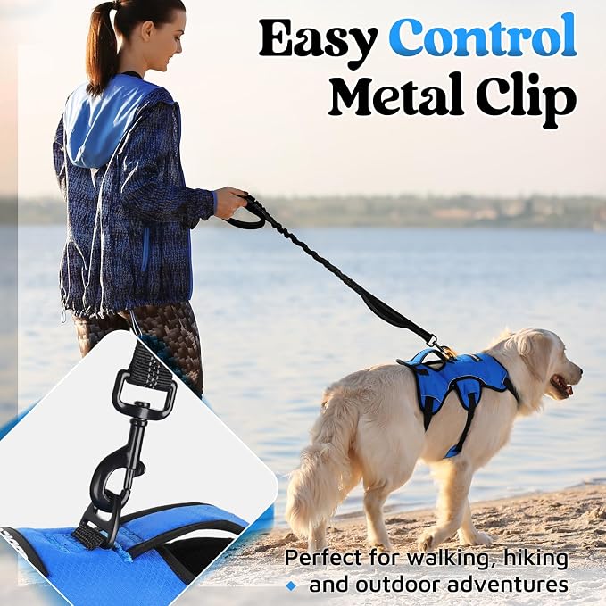 rabbitgoo Escape Proof Dog Harness for Large, No Pull with Lift Handle | No Escape, Full Soft Padded, Reflective Adjustable Vest, Leash Clip for Walking Hiking Training, Blue, Large