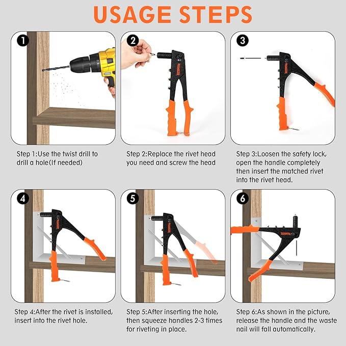 Rivet Gun,Professional Pop Rivet Gun Kit with 200Pcs Rivets, 3/32"-1/8"-5/32"-3/16", Heavy Hand Riveter kit Suitable for Metal Work, Gutter, Automotive and Other Common DIY Projects
