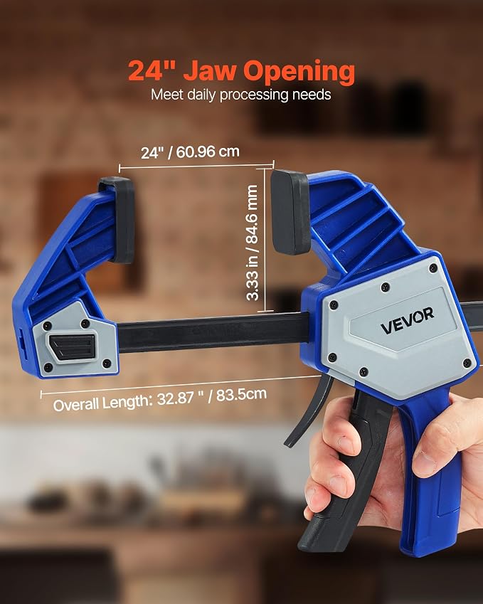 VEVOR Bar Clamps for Woodworking, 2-Pack 24 inch One-Handed Clamp/Spreader, Quick-Grip F-Clamp with 340 lbs Load Limit, Premium Plastic and Carbon Steel, for Woodworking Metal working, Blue + Black
