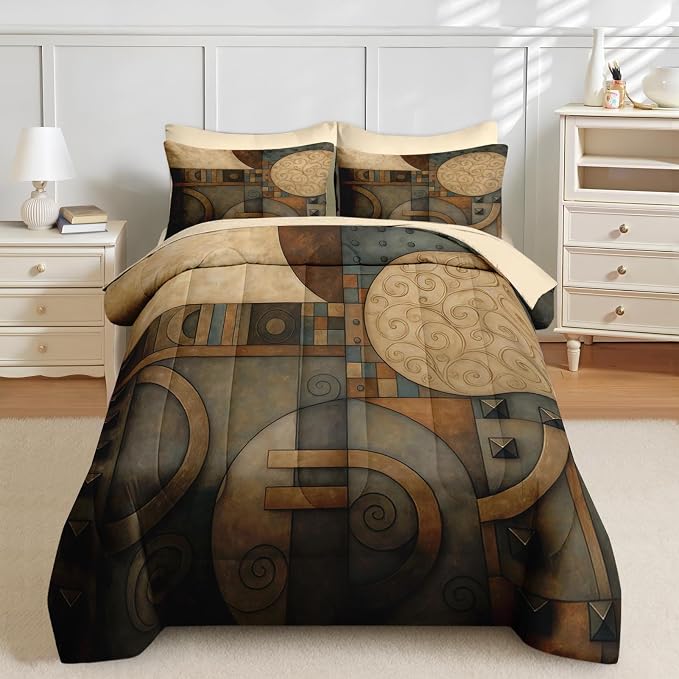 Nesker Comforter Set Full Size, Geometry Vintage 7 Pcs Bedding for Kids and Adults, Abstract King Retro Tribe Bed Sheet Sets with Fitted Sheet 2 Pillowcases & 2 Shams