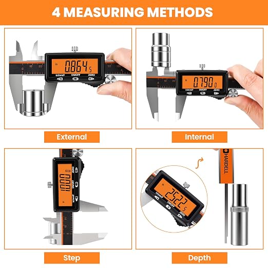 HARDELL Rechargeable Digital Caliper, 12 Inch Calipers with Large Orange Screen (No-Backlight), Auto-Off, Quick Change Button for Inch/MM/Fraction, Stainless Steel Vernier Caliper for Woodworking