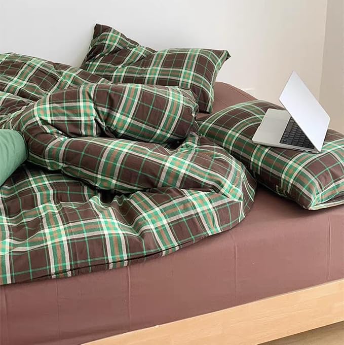 Sedefen Gingham Duvet Cover Queen Brown Vintage Plaid Bedding Set with Green Checked Kids Boys Girls Retro Soft Microfiber Breathable Duvet Cover Set