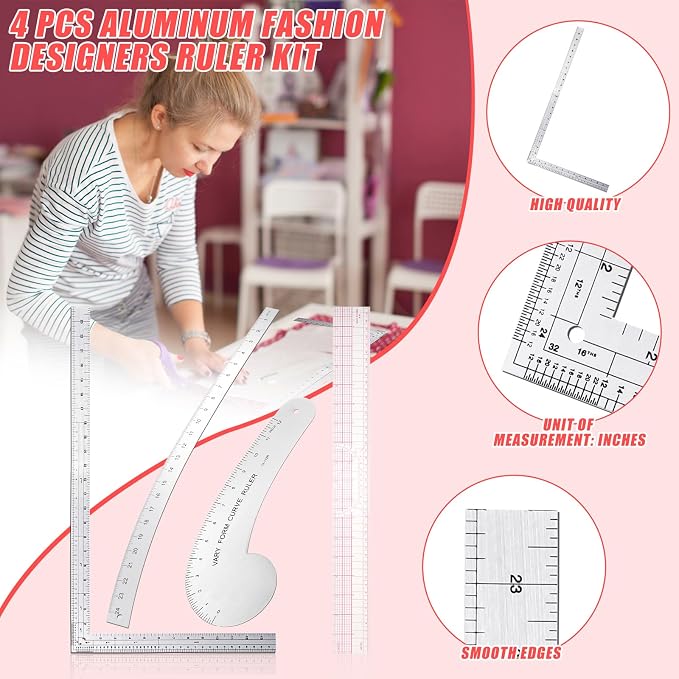 Xuhal 4 Pcs French Curve Ruler Sewing Ruler Set Aluminum Sewing Tools Supplies for Quilting with French Curves Aluminum Designers Kit Includes Curve, Hip, L Square and Plastic Grading for Design Craft