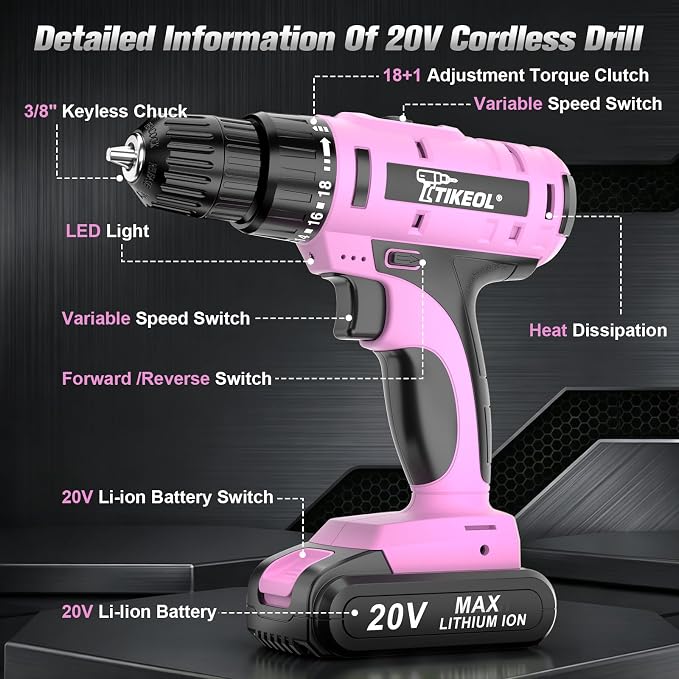 20V Cordless Pink Drill Set with Battery & Charger, 2-Speed Power Drill for Women, Pure Copper Motor, 250 In-lbs, 3/8" Keyless Chuck, Tool Kit for Home DIY（Pink）